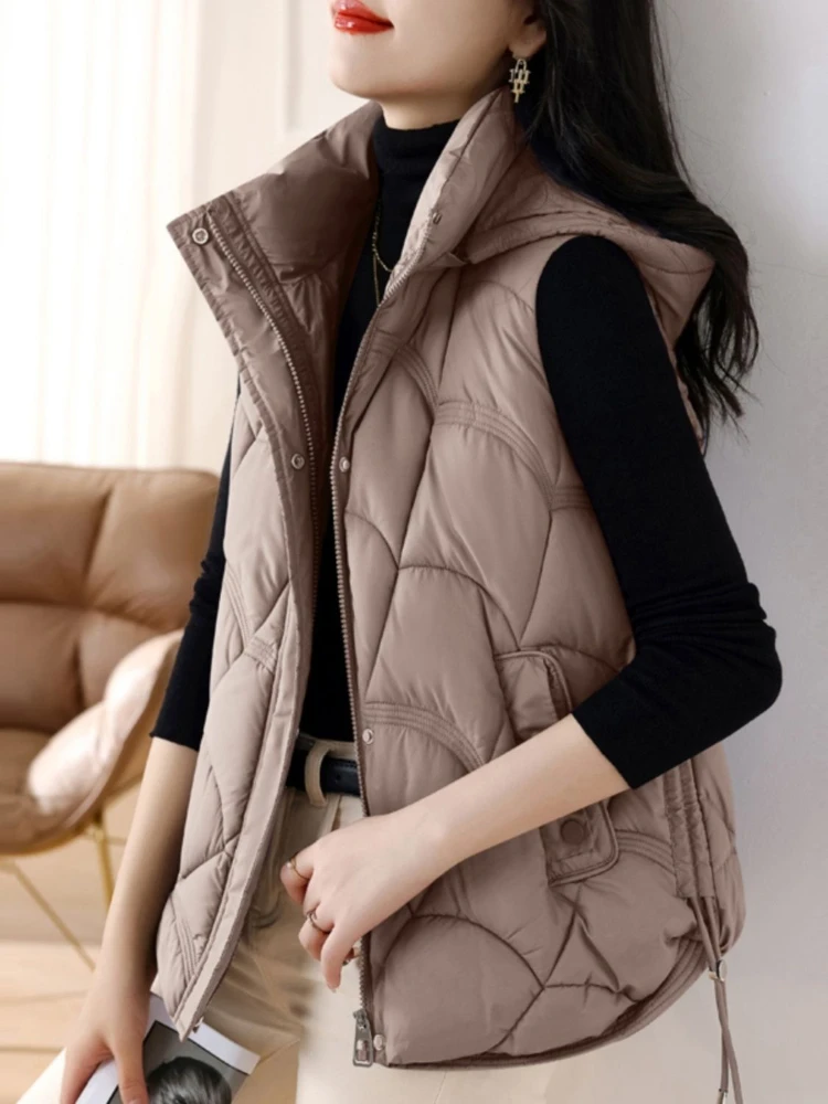 2023 Winter Vest Women\'s Glossy Short Korean Style Bread Vesta Clothes Thickness Warm Down Cotton Puffy Hooded Casual Coat