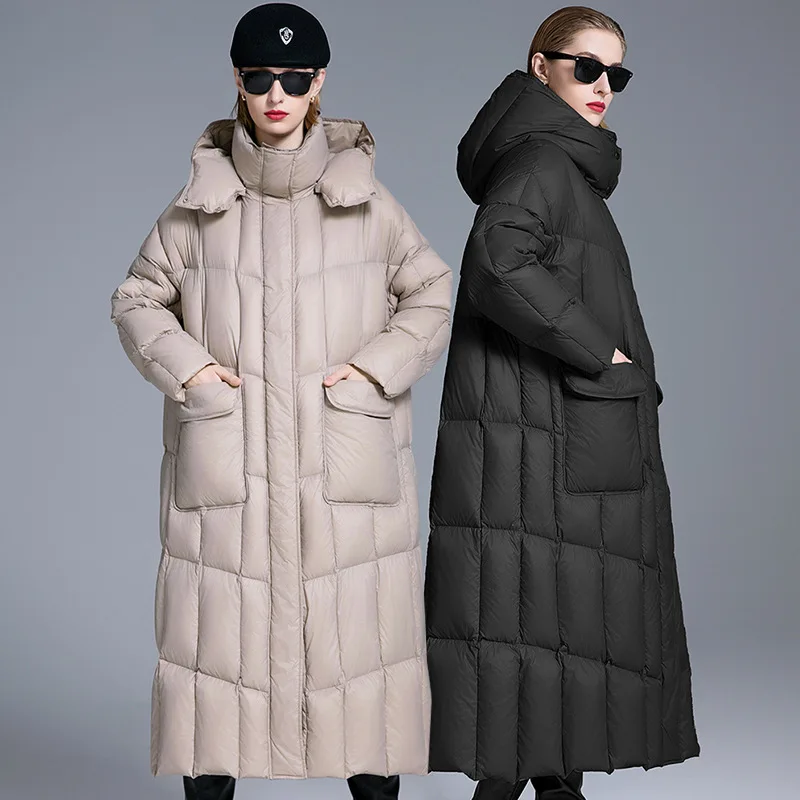 Luxo de alta qualidade 90% pato branco para baixo inverno para mulheres solto quente engrossar resistente ao frio casacos longos com capuz