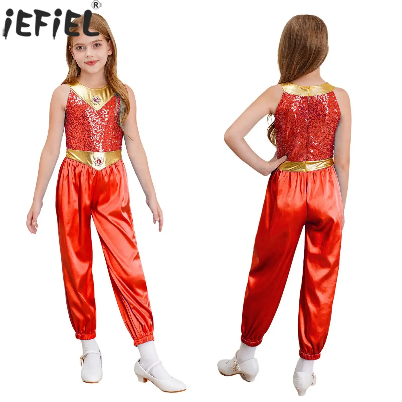 Kids Girls Halloween Christmas Carnival Arabian Princess Cosplay Costume Sleeveless Sequins Gems Ballet Dance Skating Jumpsuit