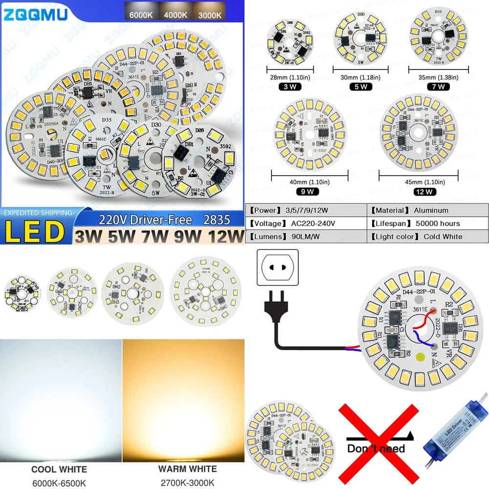 10PCS 18W 15W 12W 9W 7W 5W 3W SMD 2835 LED Chip Driver Free Bulb AC 220V Round Lamp Bead Lighting Spotlight Board for Home