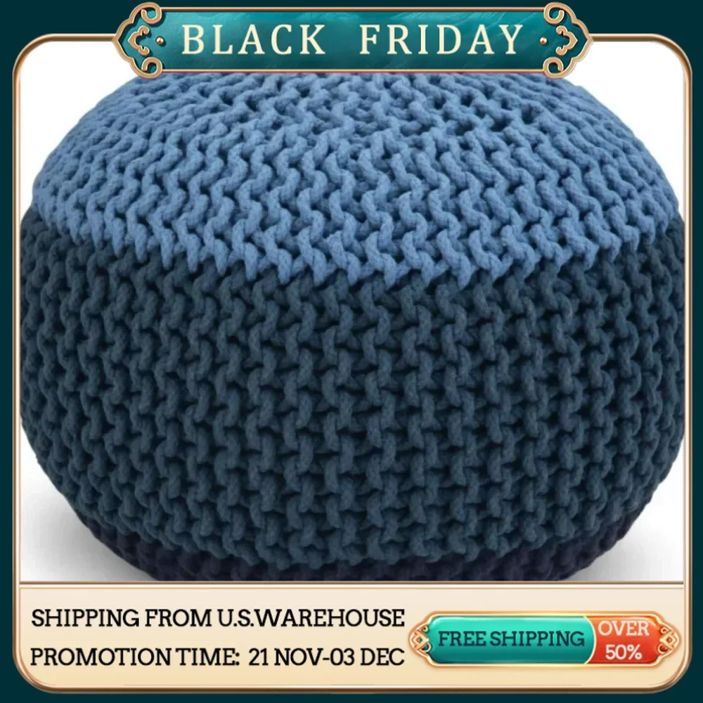 Stool for Living Room Round Hand-knitted Stool Hallway Ottoman Free Shipping Blue Upholstery Bohemian Style Navy Cotton Home