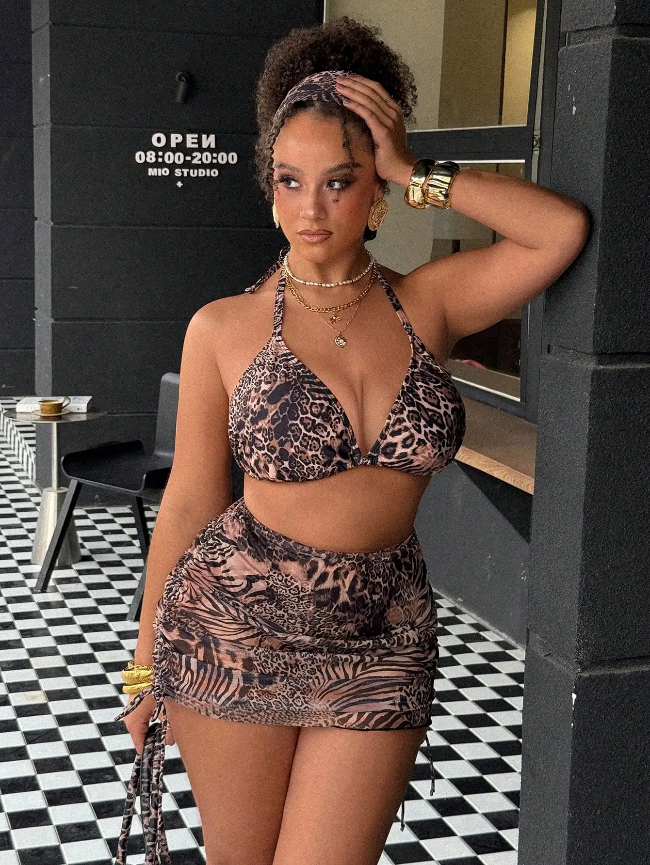 

Leopard Print Halter Bikini Set With Skirt For Beach Vacation Summer