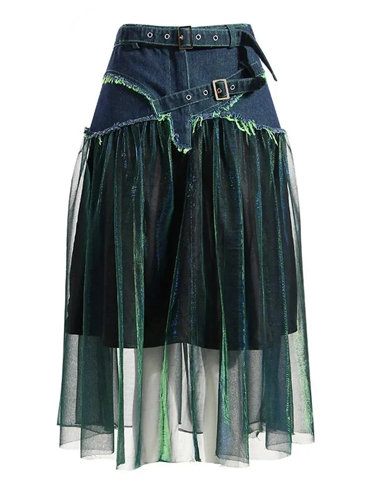 High Waist Blue Green Mesh Irregular Long Burr Casual Half-body Skirt Women Fashion Tide New Spring Autumn