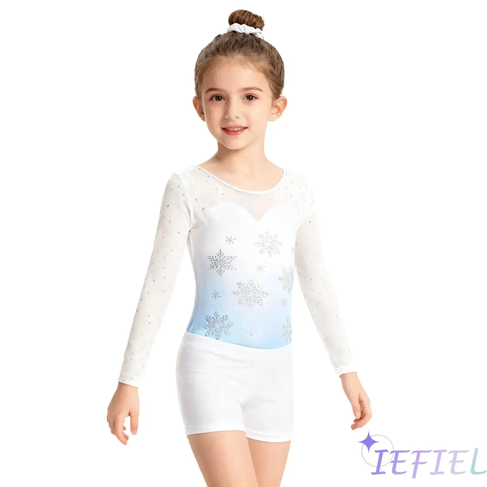 3 قطعة أطفال بنات الجمباز يوتار غنائي الباليه الرقص التدريب زي سباركلي ندفة الثلج كم طويل ارتداءها + السراويل + ربطة الشعر #2