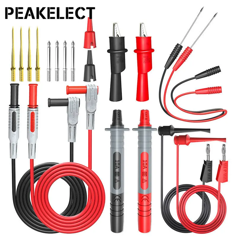 PEAKELECT P1308C 20PCS Multimeter Test Lead Kit with Banana Plug Test Hooks Puncture Probe Replaceable Needle Alligator Clip