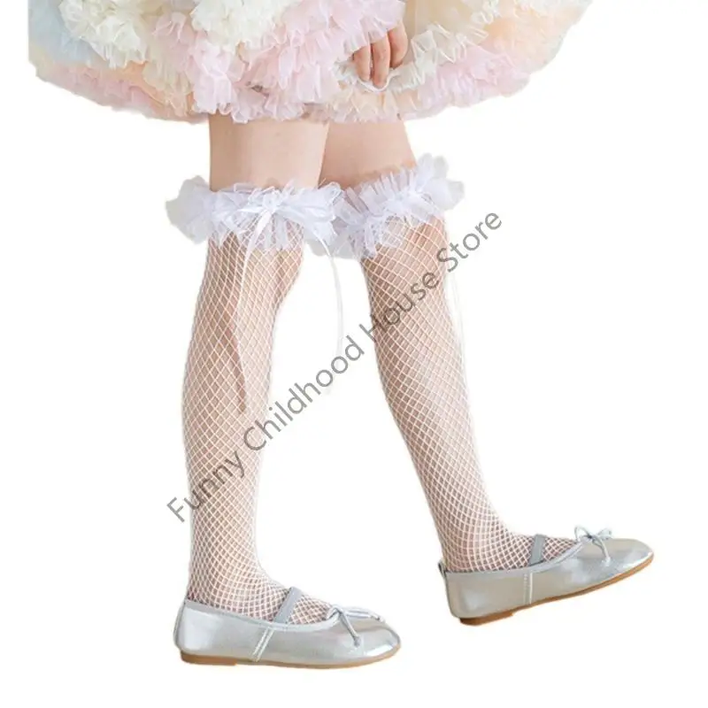 

D0LA 1 Pair Girls Socks Summer Thin Bowknot In Tube Socks Lace Sweet Ballet