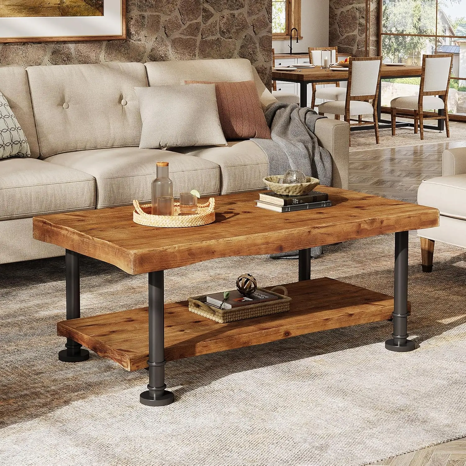 

47" Solid Wood Coffee Table 2-Tier Live Edge Shelf Metal Legs Rectangular Living Room Lounge, Customized