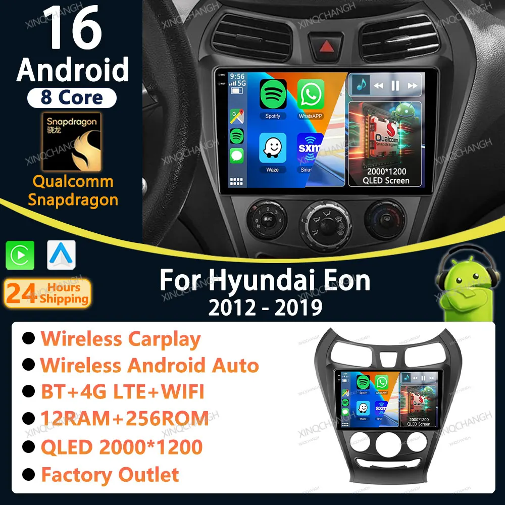 Android 16 Car Radio Carplay Auto For Hyundai Eon 2012 - 2019 Head Unit Player Video 2 DIN QLED Stereo Fascia Panel Casing Frame
