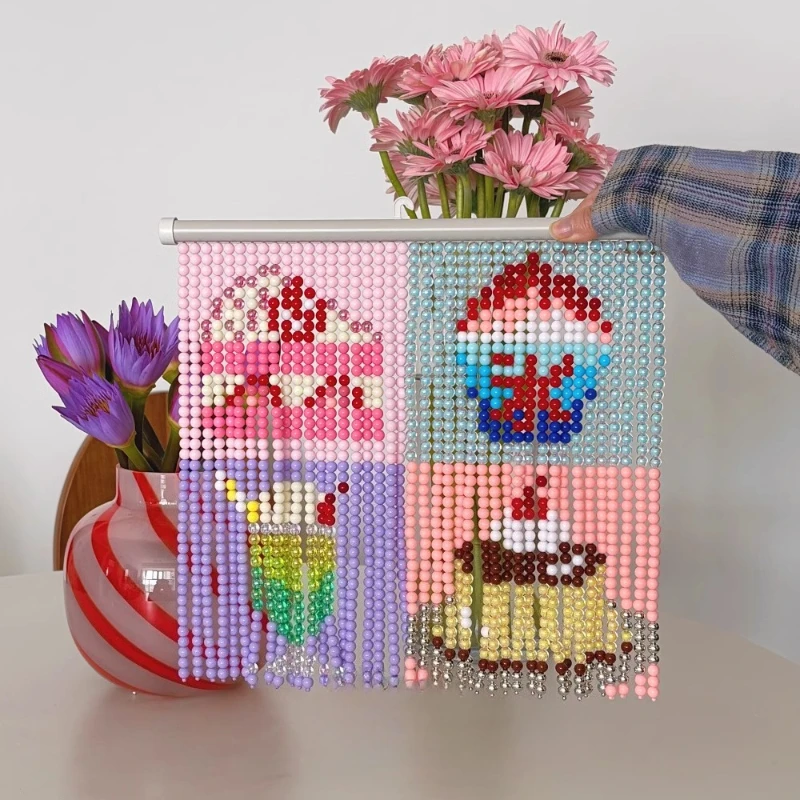 Vintage Caramel Pudding Pattern Bead Mini Curtain Decorative Crafts Kawaii Sushi Beaded Painting for Girls Room Decor INS Style