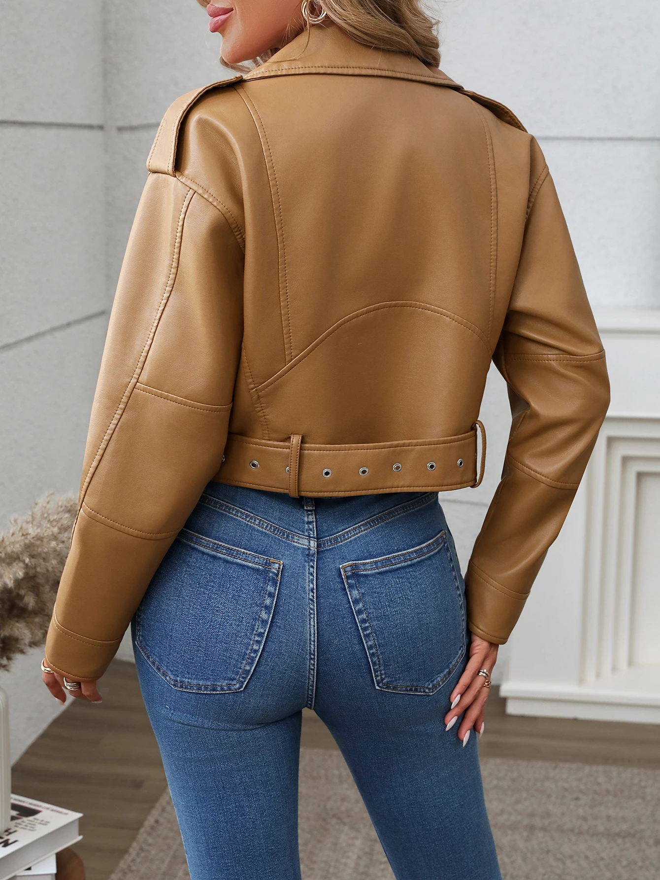 Fitaylor-女性用ベルト付きPUレザージャケット,ラペルジッパー,女性用ショートコート,オートバイのアウター,春と秋