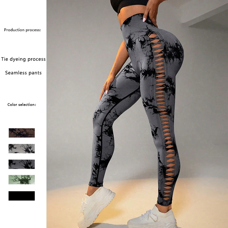 

2024 Tie Dye Hollow Out Sexy Gym Leggings Of Women Push Up Seamless Fitness High Waist Sport Pants Women