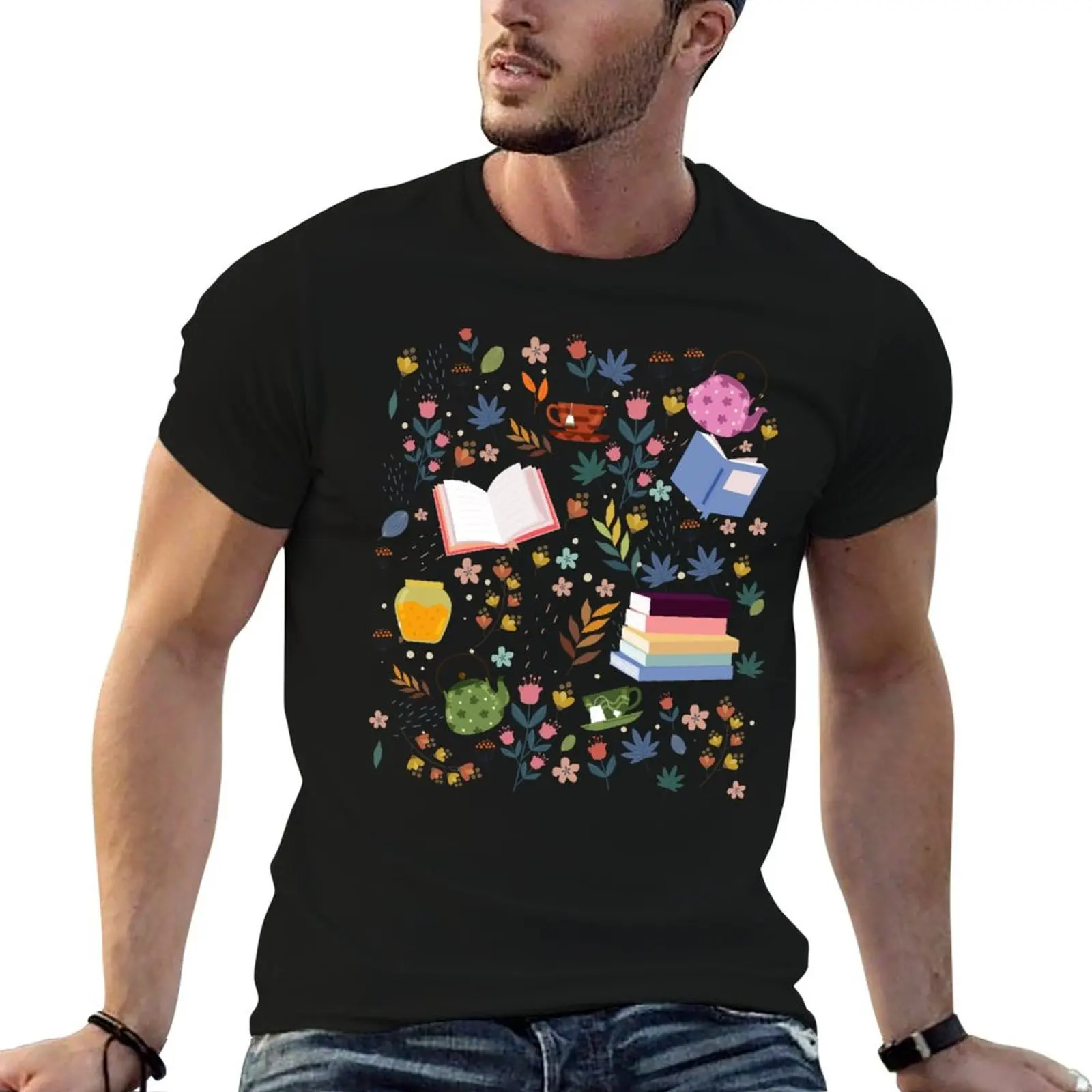 

flowery books and tea T-Shirt blacks essential t shirt funny meme t-shirts mens graphic t-shirts anime