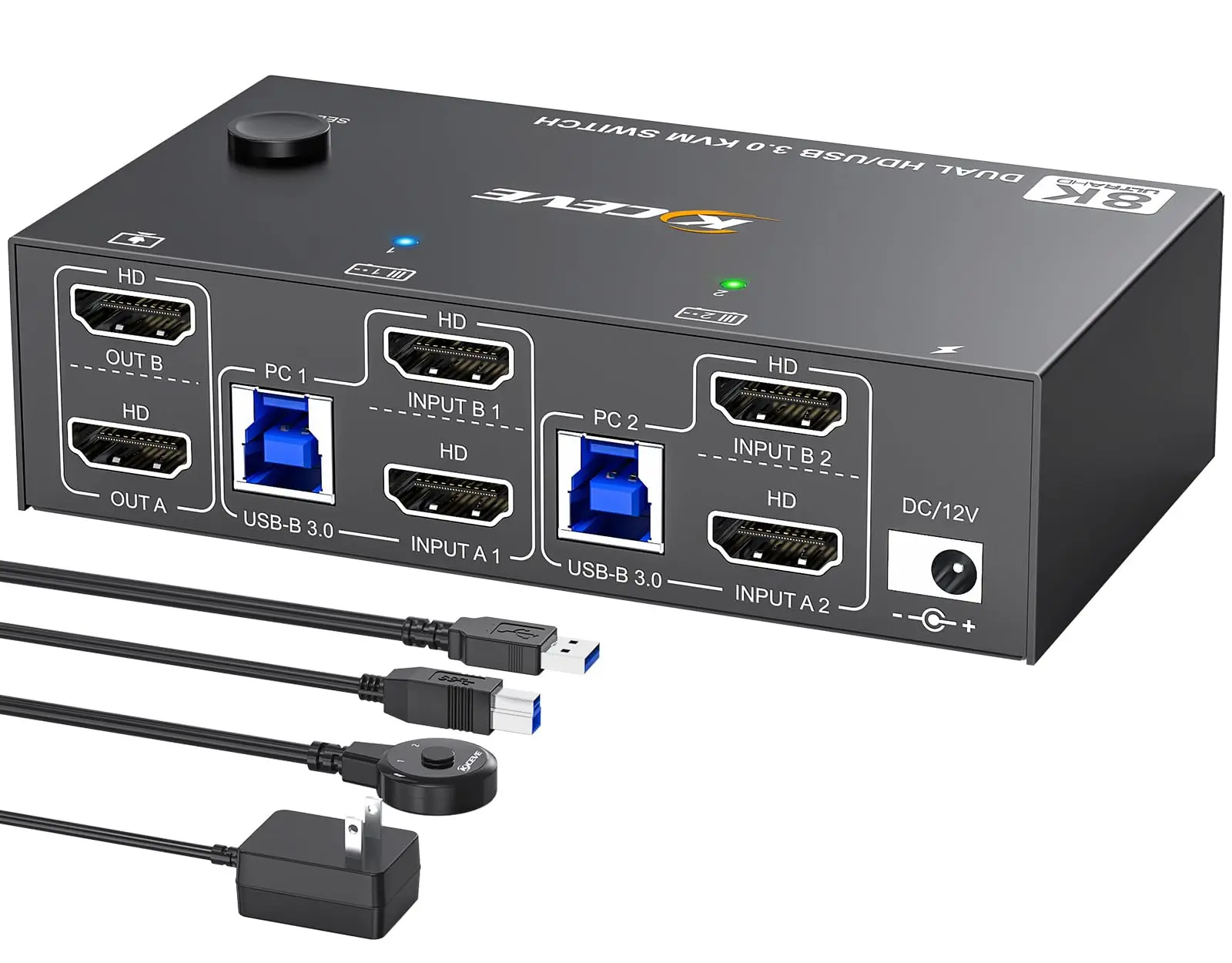 4K bij 144 Hz KVM-switch 2 monitoren 2 computers 8K bij 60 Hz, KCEVE HDMI en Displayport Dual Monitor KVM-switch met 4 USB 3.0-poorten