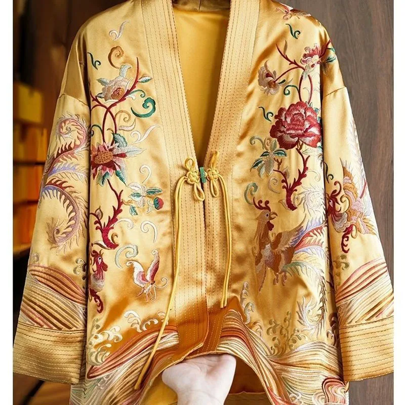 

Весенне-осенняя этническая верхняя одежда, свободная китайская шелковая куртка с цветочной вышивкой, женское пальто с длинным рукавом и v-образным вырезом, винтажное