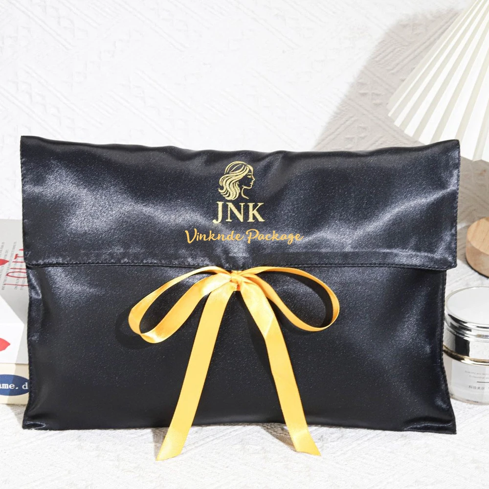 

Custom Logo Printing Black Satin Envelope Hair Clothes Packaging Dust Bag 25x20cm Luxury Wedding Gift Jewelry Cosmetic Silk Bags