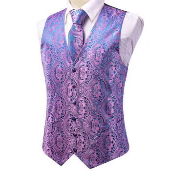 Wedding Purple Men Vest Paisley Floral Necktie Handkerchief Cufflinks Sets Blue Green Red Male Sleeveless V-Neck Waistcoat Party 3
