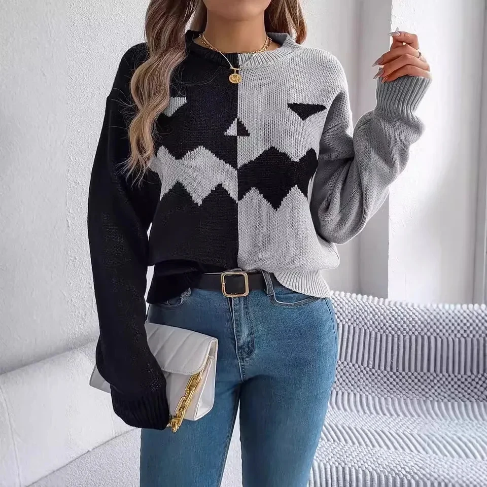Women's  Halloween Ghost Pumpkin Knit Long-sleeve Sweater for Autumn and Winter New Round Neck Spell Color Pullover Sweater,