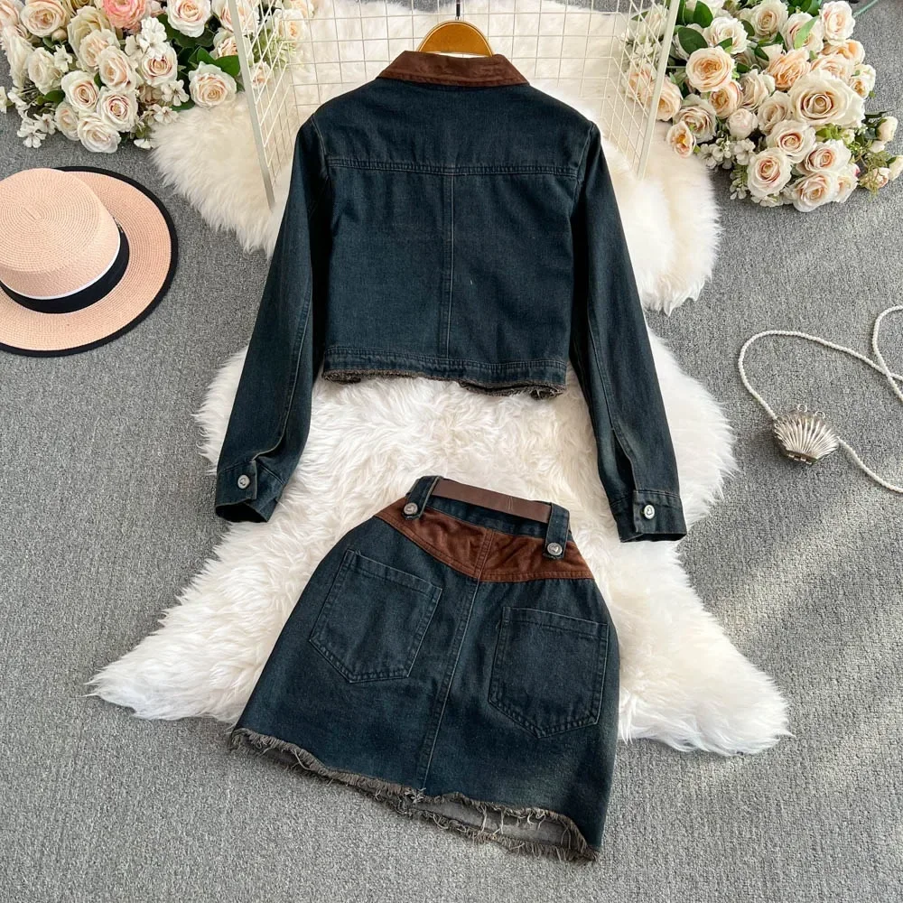 Neploe Cruel Casual Small Fellow Turn-down Collar Long Sleeve Suit Coat Belt High Waist Straight  Skirt Vintage Sweet Sets Falda