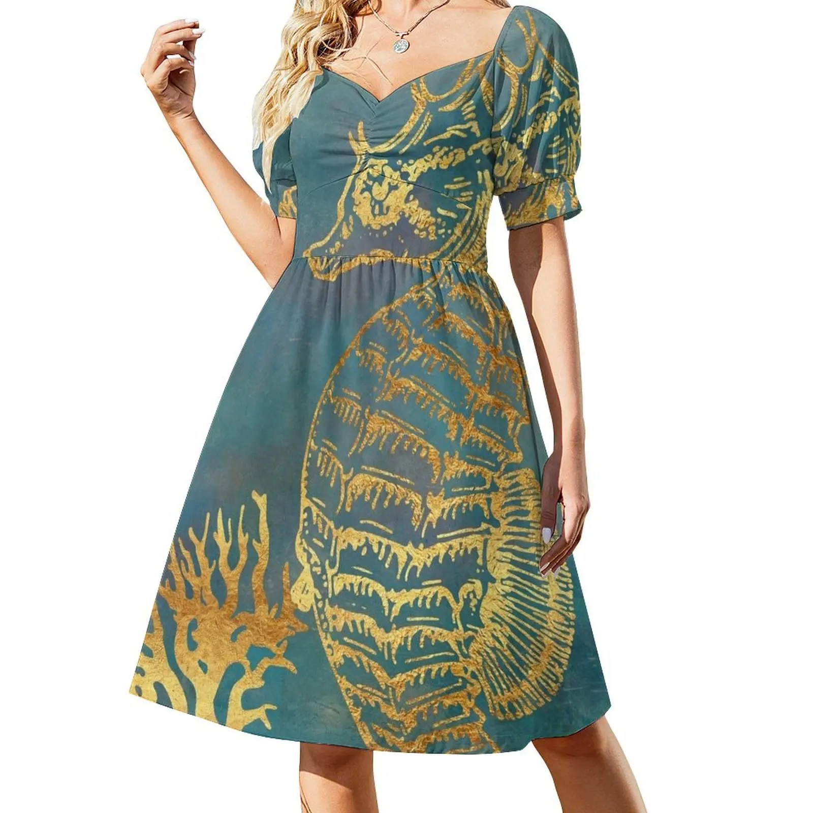 

Deep Sea Life V Golden Seahorse, ocean texture Short Sleeved Dress women's evening dresses Dress