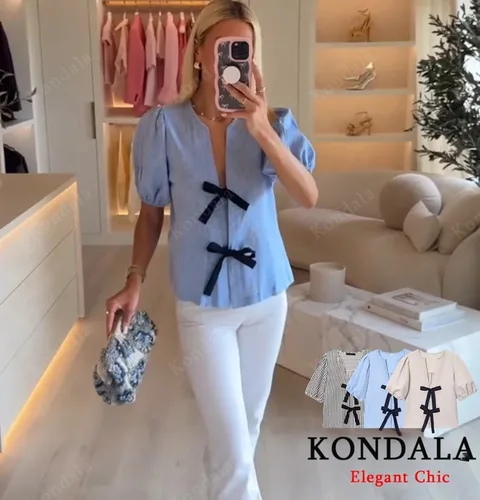 Imagen 2 del producto KONDALA señora elegante Casual camisa con lazo blusa de manga corta con cuello en V 2025 primavera otoño moda Simple viaje versátil camisa de mujer