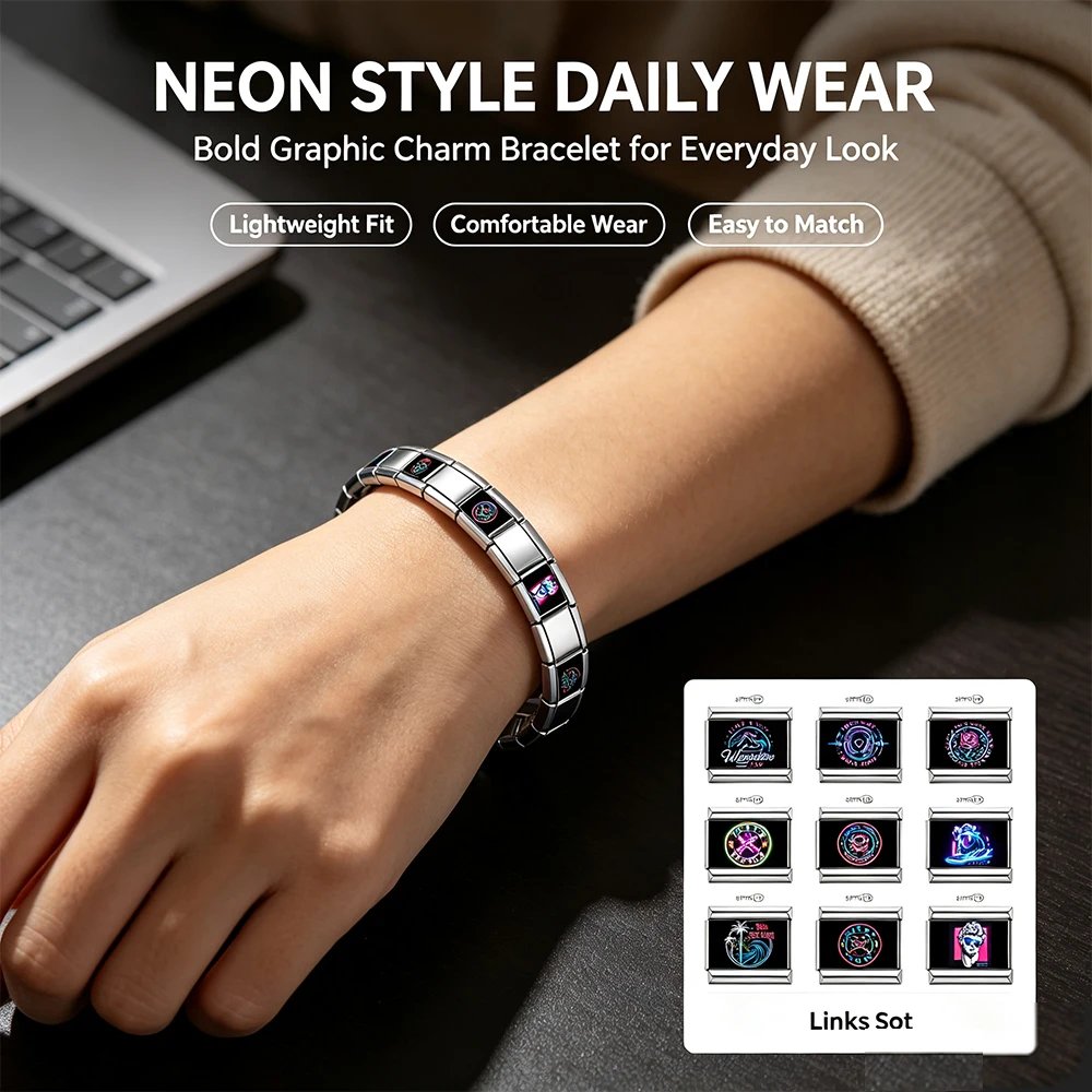 Italian Charm Links Neon Style Daily Wear Fit 9mm Stainless Steel Bracelet DIY Women Jewelry