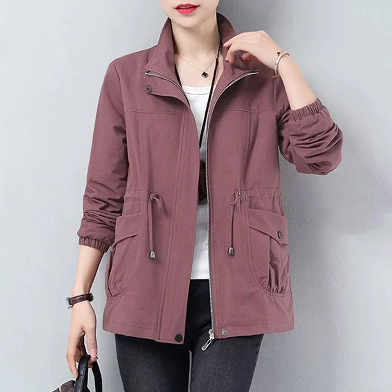 2026 Double Layer Women Plus Size Spring Autumn Korean Plus Size Lining Windbreaker Drawstring Waist Stand Collar Jacket