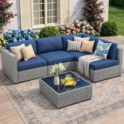 5-Piece Patio Furniture Set, All-Weather Wicker Outdoor Sectional Sofa with Soft Cushions, Modular Conversation Set for