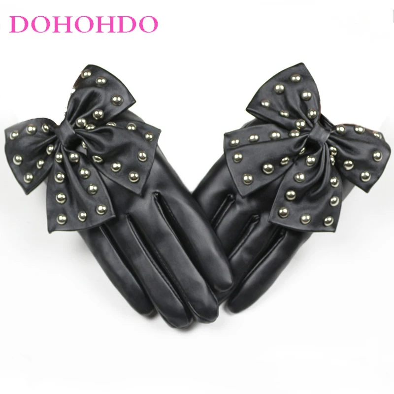 برشام قفازات جلدية سوداء القوس الكبير تصميم السيدات دراجة نارية قفازات موضة بولي PU فو الجلود في الهواء الطلق قفازات كاملة الأصابع دائم