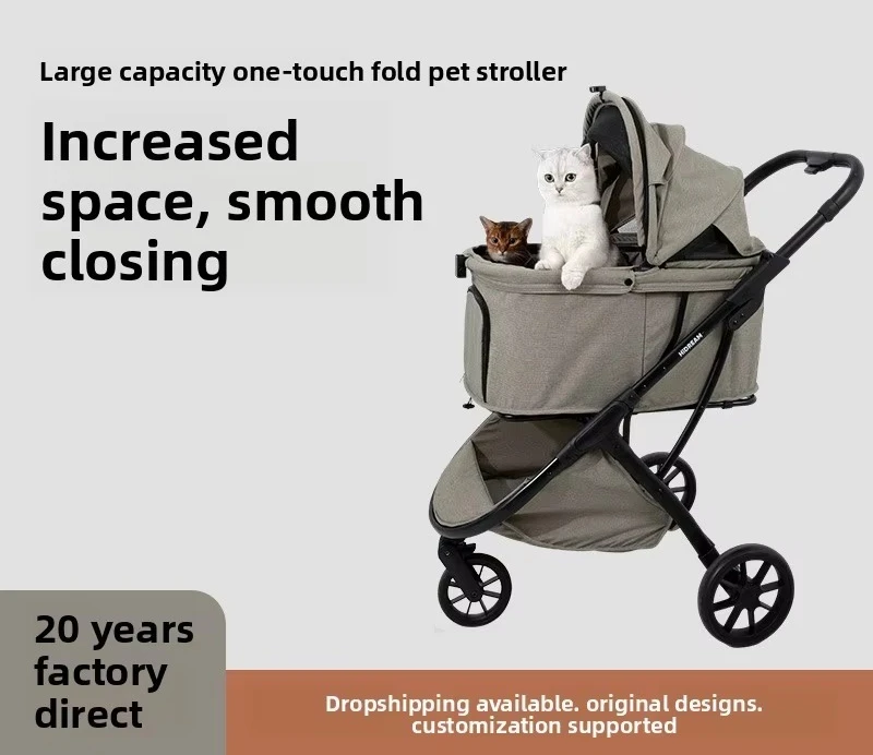 Metal Pet Stroller Cats Dogs Universal Lightweight One-Click Automatic Folding Outdoor Portable Large-Capacity
