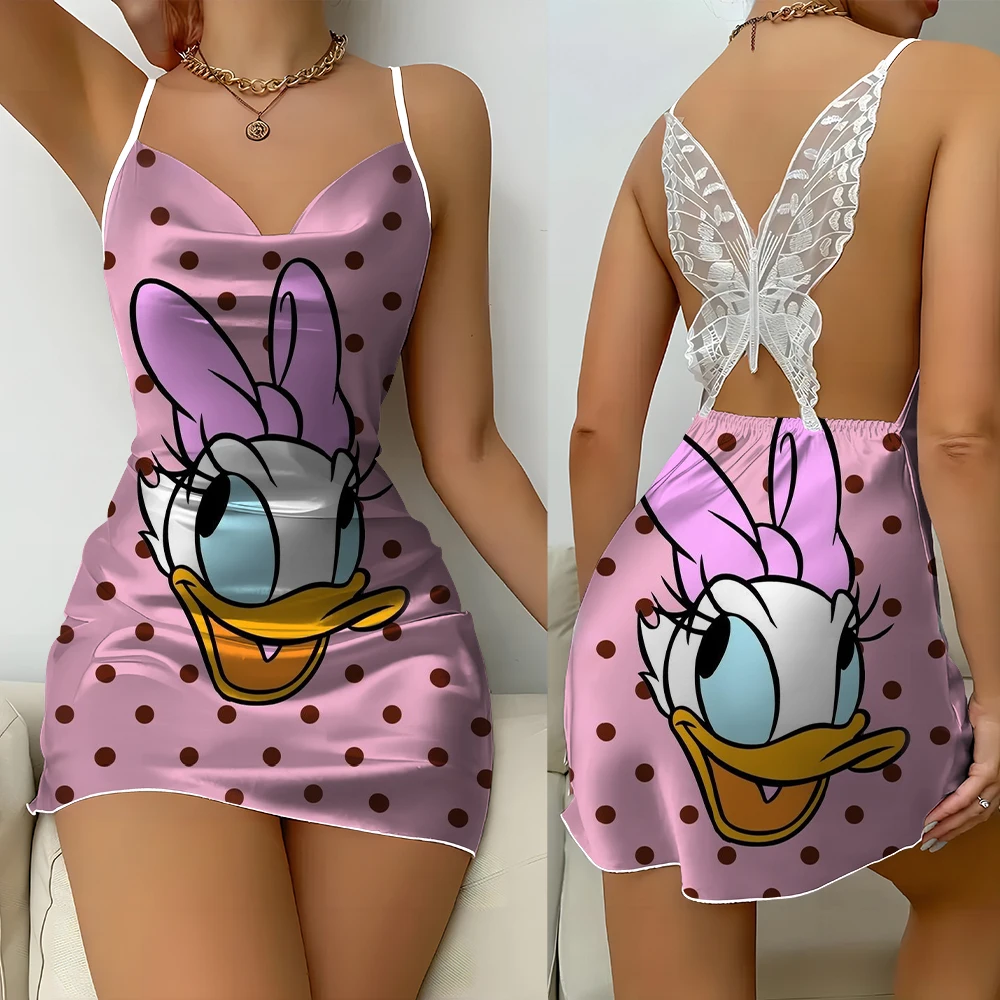 Vestido de noche con estampado de pato Donald de Disney para mujer, camisón de encaje con Espalda descubierta, sexy, simple, a la moda, novedad de verano