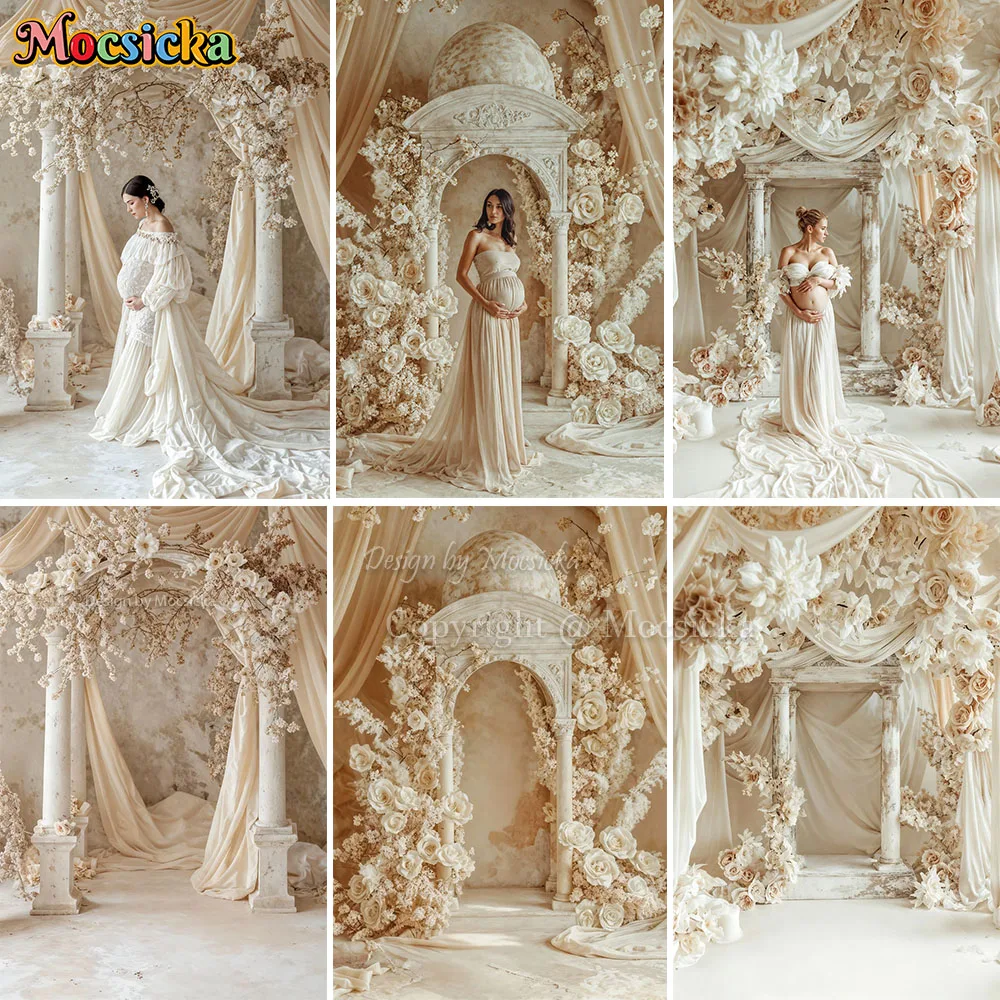 Mocsicka Cream White Wedding Party Backdrop Photography European-style Arched Architecture Curtains Backdrop Maternity Portrait