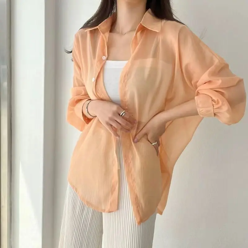 7 Colors Shirts Women Sheer Thin Chic Summer Simple Solid Sun-proof Tops Fashion Baggy All-match Basic Korean Style Sexy Clothes