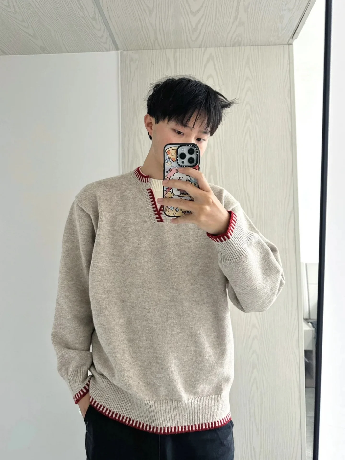 

Мужской вязаный свитер с V-образным вырезом и красной строчкой, зимний, теплый, с эффектом двухслойности, повседневный, класса люкс