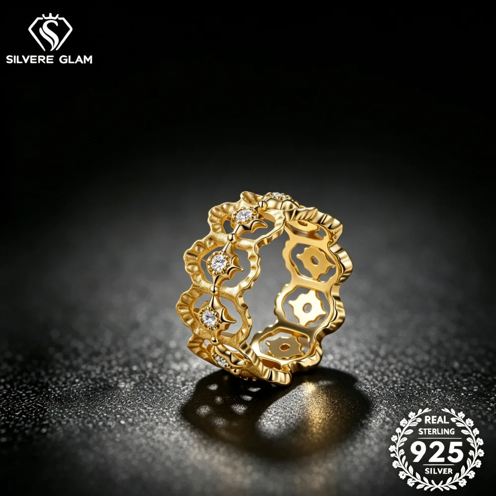 925 Silver Vintage Hollow Lace Floral Moissanite Ring D VVS1 Round Cut Multi Stone Lace Shape Stackable Fine Jewelry For Women