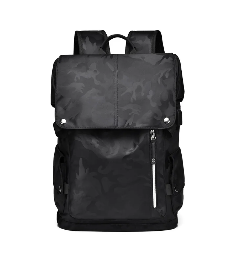 Black roll top backpack with silver metal rivet decor vertical white trim zipper hidden side USB port waterproof oxford fabric