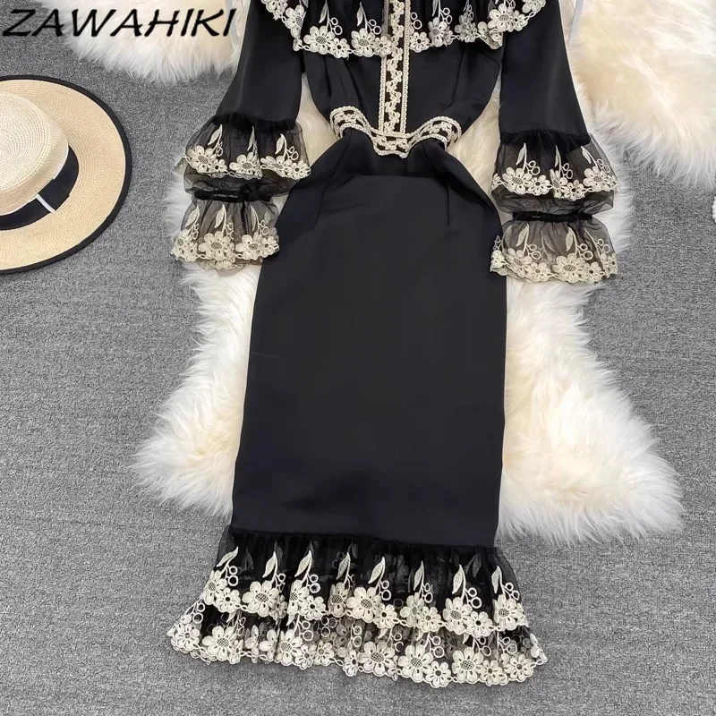 ชุดเดรสวินเทจสําหรับผู้หญิงเย็บปักถักร้อยจีบลูกไม้ Vestidos Patchwork Slim เอว Femme Robe Temperament Office Lady Ropa Mujer