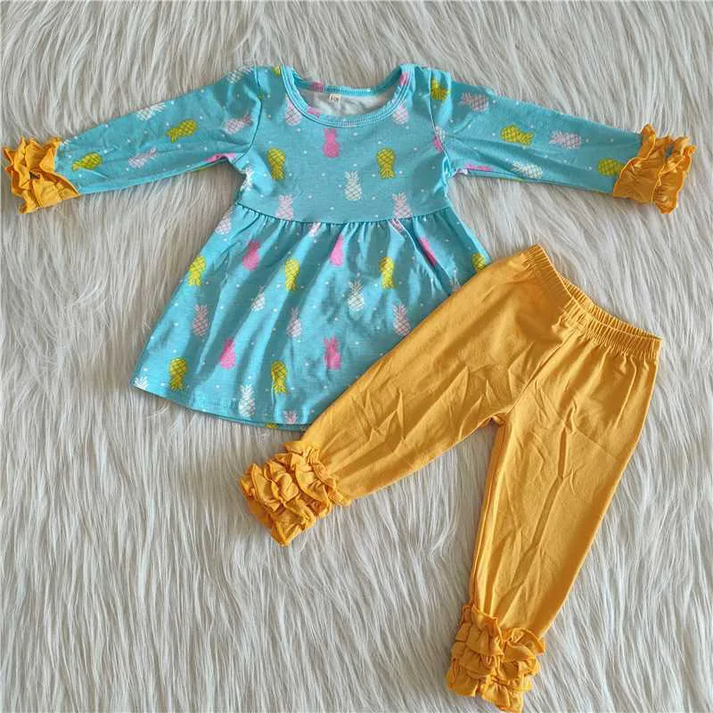 

Toddler Spring Arrival Kids Long Sleeve Top Yellow Lace Pants Boutique wholesale Baby Girls Children Clothing Outfits