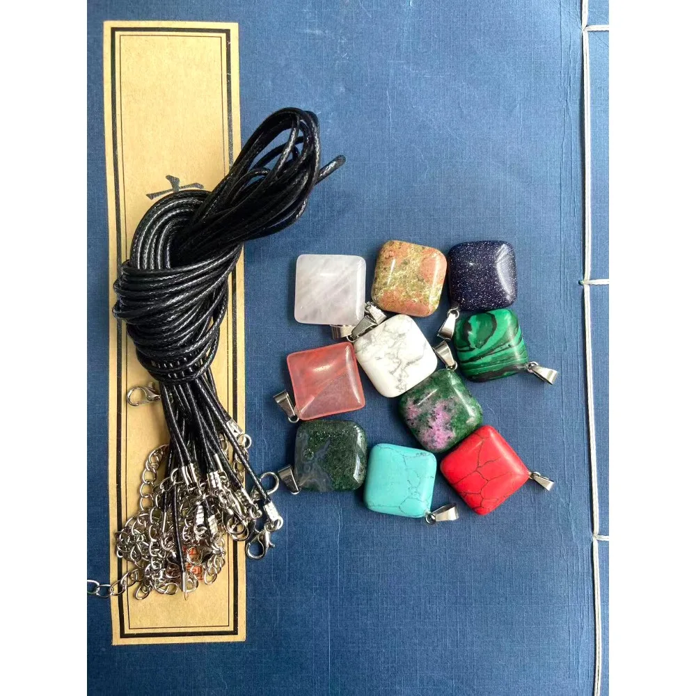 Geometric Square Natural Watermelon Tourmaline Turquoise Single Hole Pendants Loose Charms for DIY Necklace Earrings Jewelry