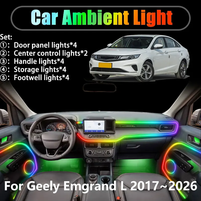 

For Geely Emgrand L GL 2017~2026 MK1 2/18 in 1 Car ambient lighting Led trunk interior led lights USB RGB Ensemble Streamer Auto