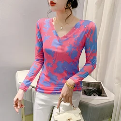 Elegant Long Sleeve T Shirts Women Spring Summer V Neck New Stamping Printed Floral T-shirt Girls Elastic Tops