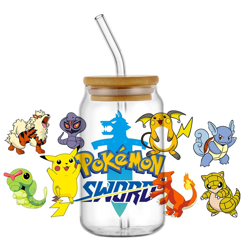 Miniso New Popular Pokemon Japanese Cartoon Waterproof UV DTF Cup Mug Wraps Sticker DIY 3D Decal For 16oz Libbey Glass