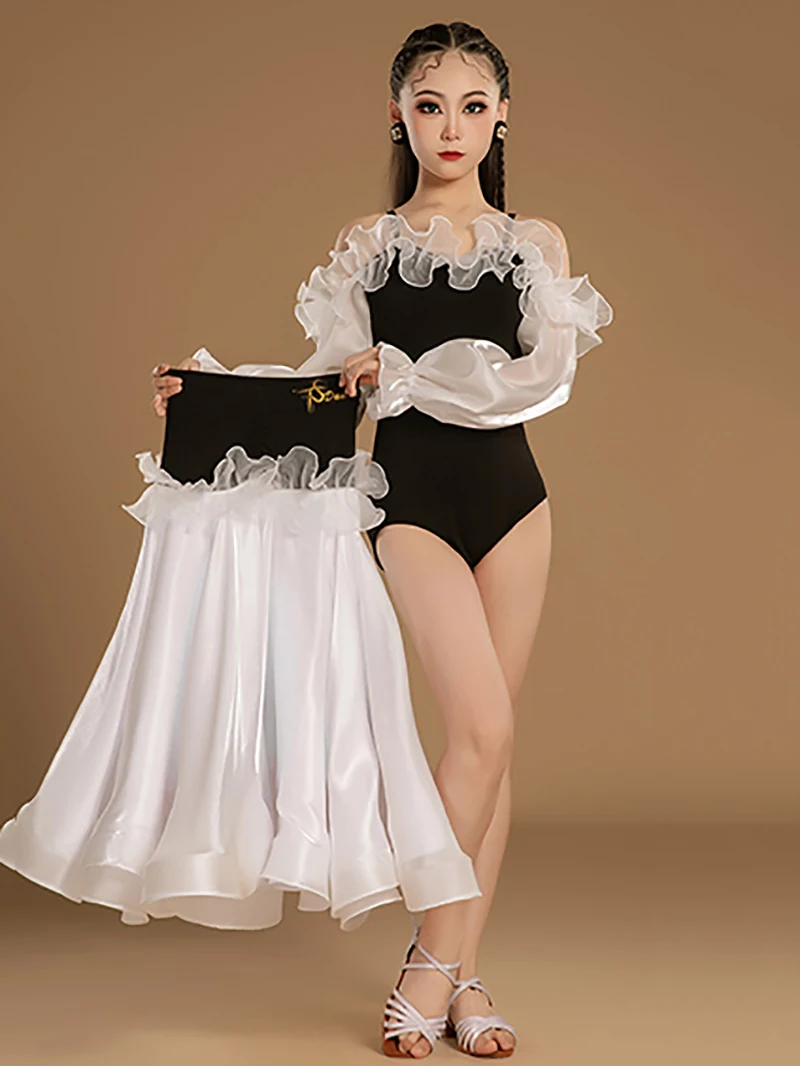 Girls Stringy Mesh Modern Dance Waltz Art Exam Dress Ballroom Competition Training Dress National Standard Dancewear Costume