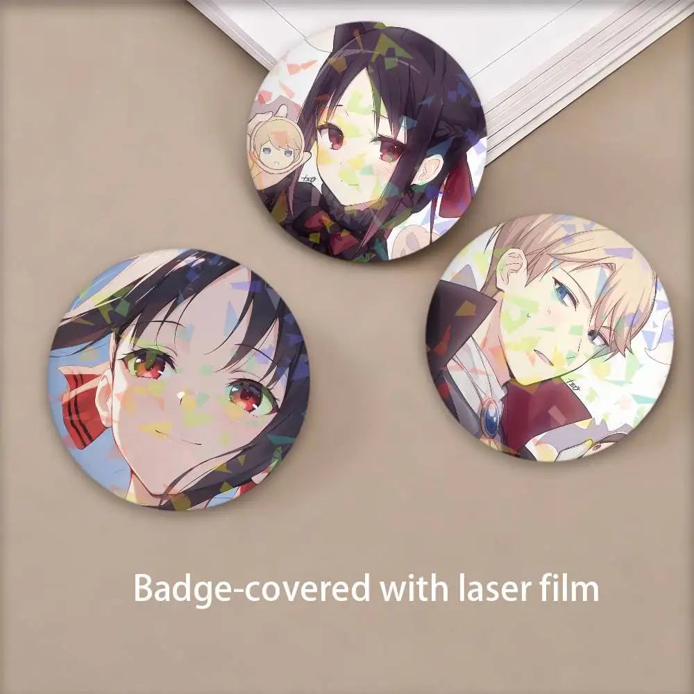 Anime Kaguya-sama Love Is War Round Badge Lapel Pins for Backpacks Briefcase Laser Brooch Clothes Gifts