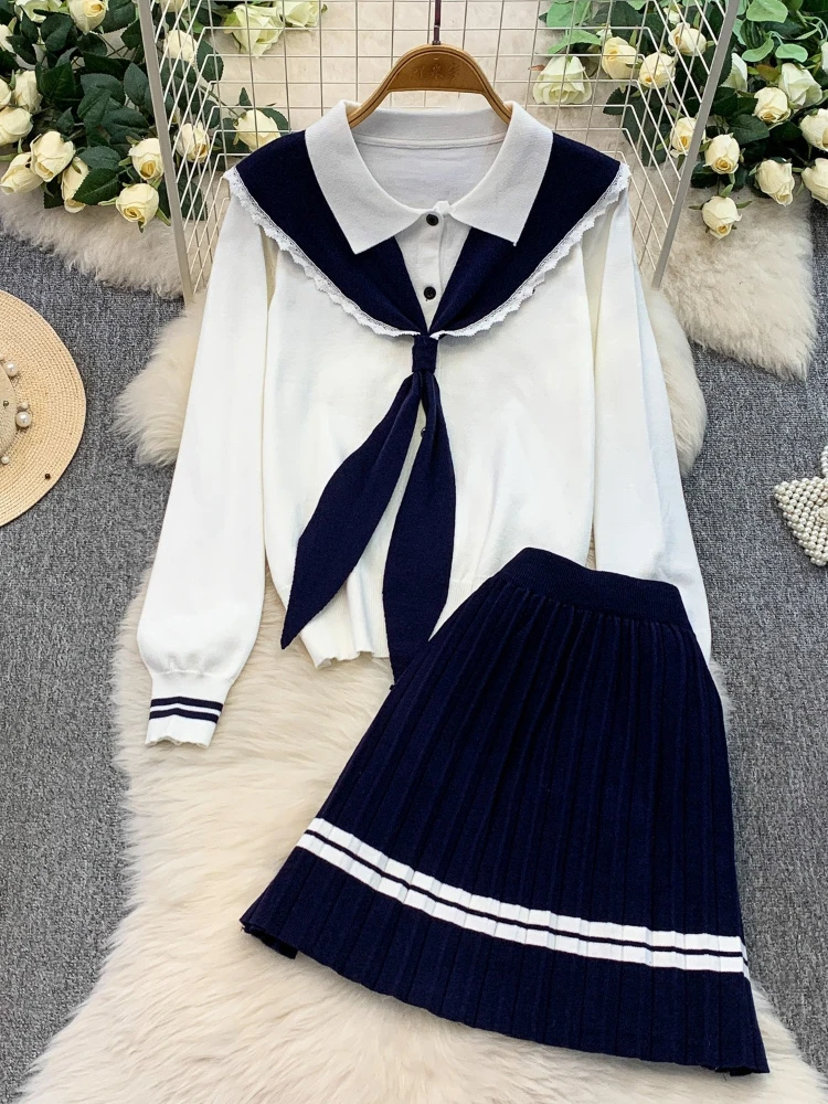 College style sweet lace-up lapel collar single breasted knitted top+high waist slimming striped pleated skirt two-piece set