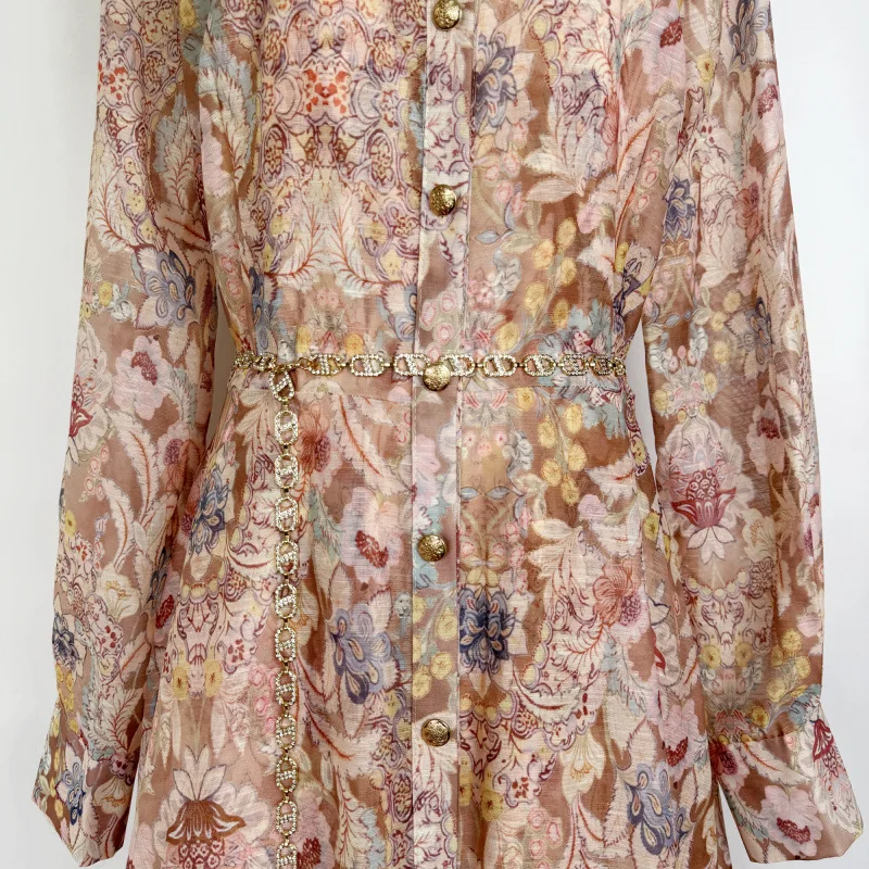 Ele Lange bedrukte Dr-staande kraag enkele knop Retro bloemen Street Sle midden taille fluwelen stof Thiened Long Sve