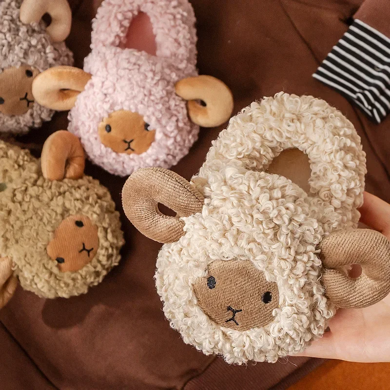 Children Cartoon Sheep Cute Shoes Soft Autumn Winter Warm Boys Girls Baby Plush Fur Non-slip Slipper Heel Wrap Home Flat Shoes