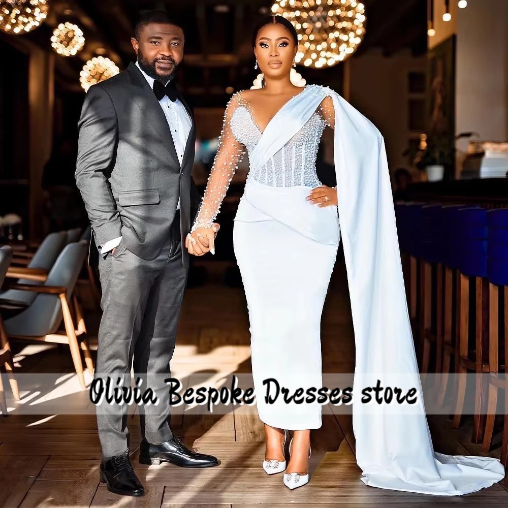 Fancy Aso Ebi Wedding Dresses For Brides 2025 Beads Long Sleeves African Bridal Gowns Woman Recption robe de mariée Customized