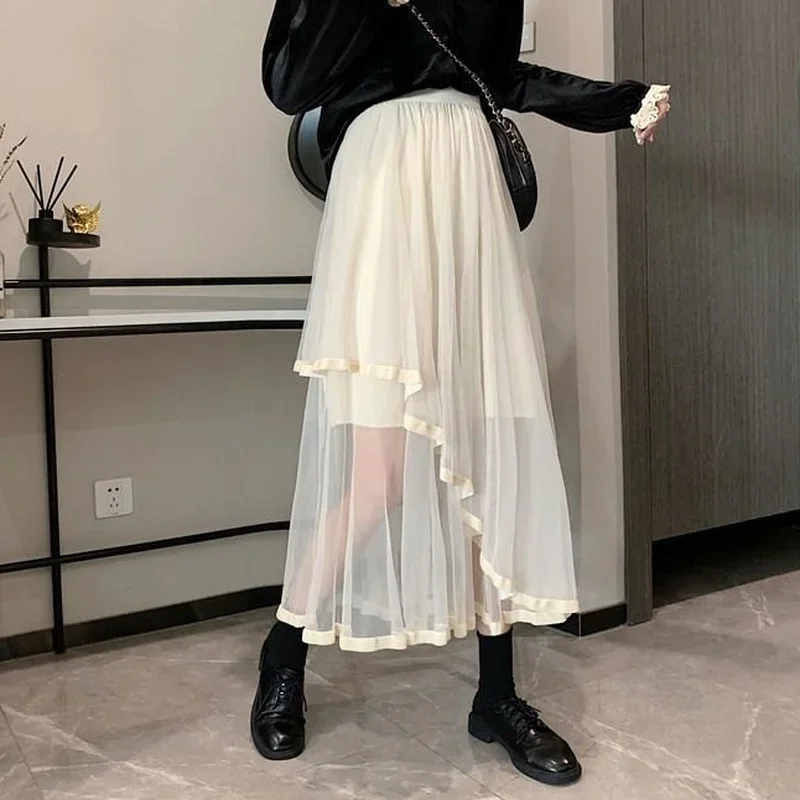 

2024 Women Solid Skirts Korean Style Asymmetrical Mesh Fashion Spring Sweet Students Cozy Loose Hipster Casual All-match