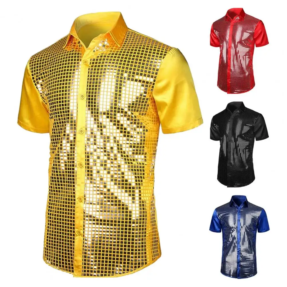 Men Shirt Shiny Surface Turn-down Collar Single-breasted Long Sleeves Buttons Satin Club Party 70s Disco Stage Show Shirt
