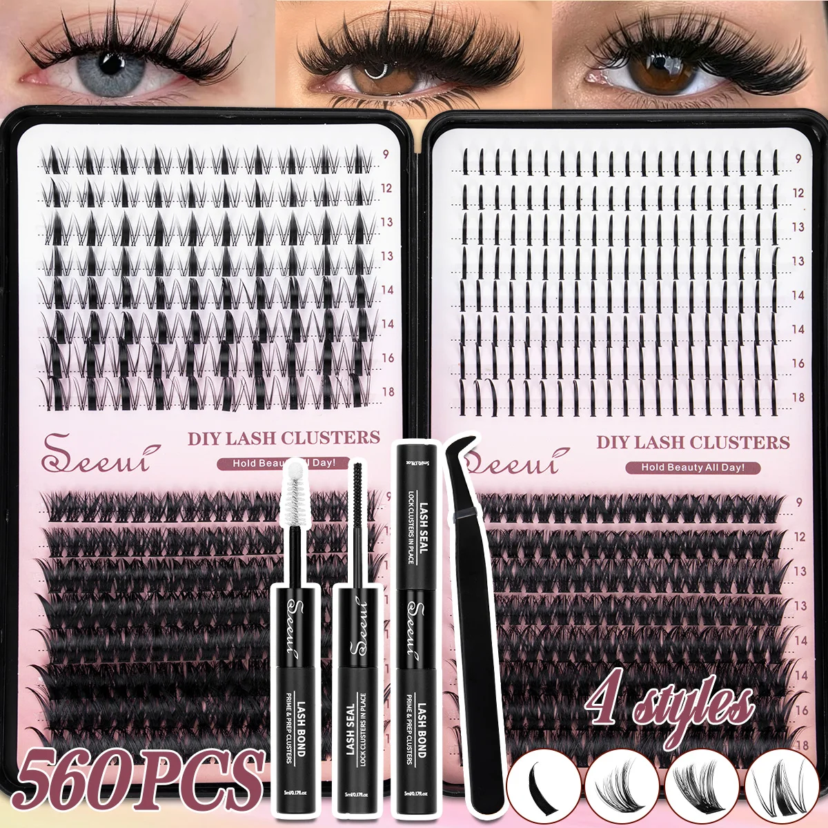 Wimpernbüschel-Set, Einzelne Wimpernbüschel-Verlängerungen, Wispy-Wimpern mit Wimpernkleber und Versiegelungsmittel sowie Pinzetten, Mix-Stile, Halloween – Detail 9